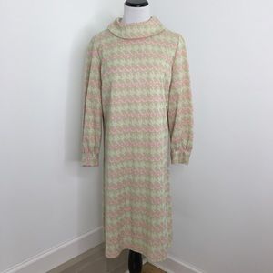 Vintage 70's Pink Green Long Sleeve Poly Dress